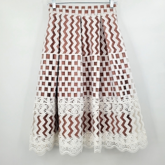 Eliza J White Tan Checkered Zig Zag Floral Lace Midi Skirt - Picture 1 of 15